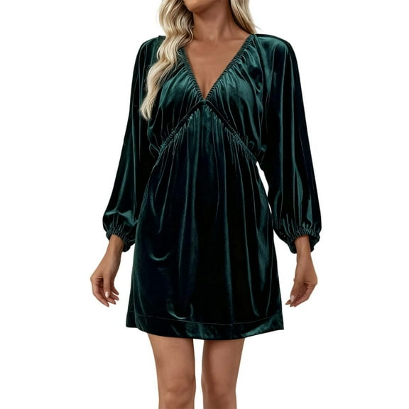 HNMKIU Elegant Dress with Sleeves and Deep V Neck for Festive Holiday Casual Party Wear Fall Dresses for Women Green-c,S