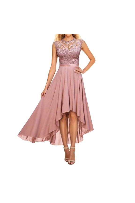 Elegant Dresses for Women High-Low Neck Floral Lace Formal Wedding for Bridesmaid Lace Dress Red,S