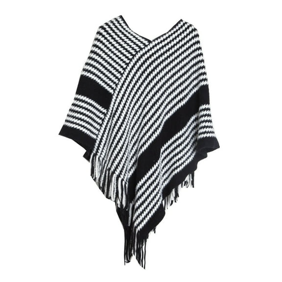 HNMKIU Elegant Fringe Cape Knit Pullover for Women Featuring Bat Sleeve and Striped Shawl Style Black,One Size