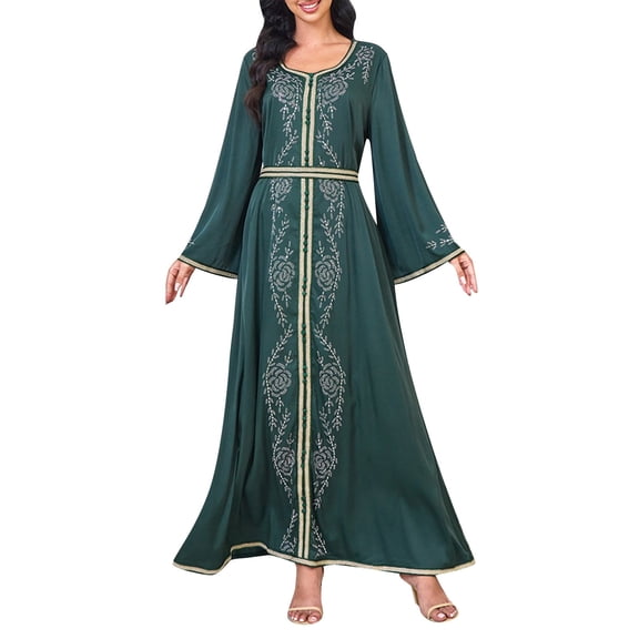 HNMKIU Elegant Full-Length Floral Embroidery Rhinestone Maxi Gown Formal Evening Dress for Women Long Dress 01_Dark Green，L