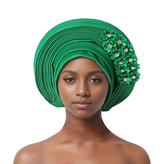 HNMKIU Elegant Handmade Aso Oke Beret Hat African Headwrap Turban for Wedding Party Hair Wear Green,One Size