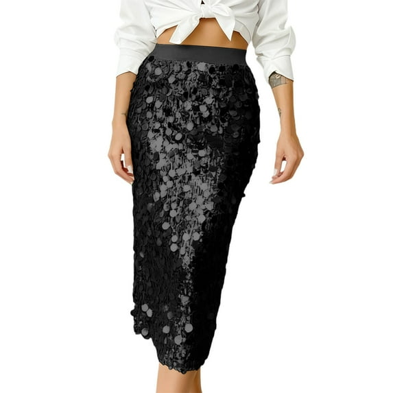 HNMKIU Elegant High Waist Bodycon Midi Skirt with Sequin Details Stylish Solid Color for Party and Casual Wear Black，L