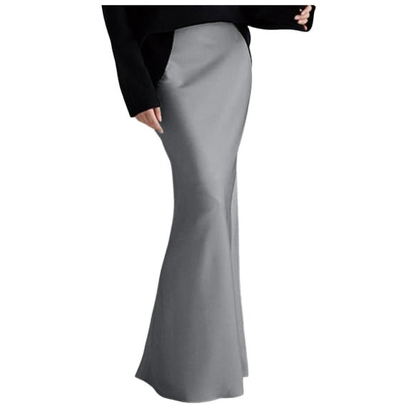 HNMKIU Elegant High Waist Long Midi Skirt for Women 2025 Party Wedding Guest Formal Evening Dress Elegant Bottom Z9182-Grey,L