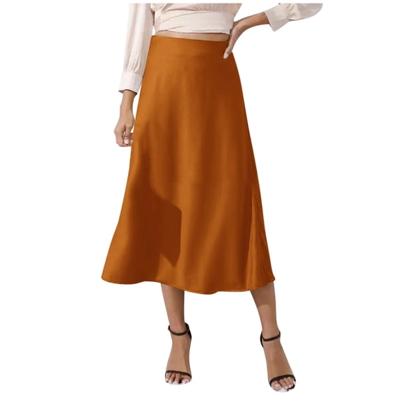 HNMKIU Elegant High Waist Midi Skirts for Women Solid Satin Casual Fall Fashion Knee Length Skirt for Women Daily Wear Z01_Orange,XL