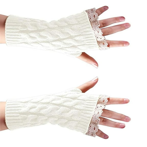 HNMKIU Elegant Knitted Lace Fingerless Mittens for Women Cozy Half Gloves Casual Winter Handwear Accessories White,A