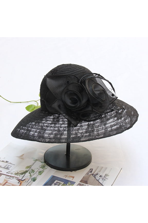 Elegant Lace Mesh Floral Wide Brim Fisherman Sun Hat for Women and Girls Summer Beach Outdoor Black,One Size