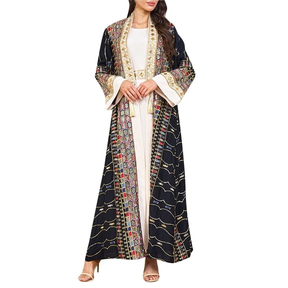 HNMKIU Elegant Long Sleeve Dress for Women with Intricate Beading and Pendant Detail Formal Evening Abaya Gown Party Wear 02_Black，XL