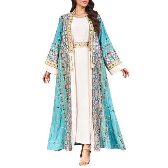 HNMKIU Elegant Long Sleeve Dress for Women with Intricate Beading and Pendant Detail Formal Evening Abaya Gown Party Wear 02_Blue，M