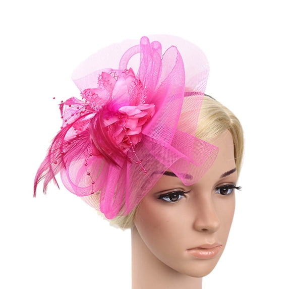 HNMKIU Elegant Mesh Fascinator Hat withArtificial Feathers and Ribbons for Women's Wedding Party Fashion Baseball Cap Hot Pink,One Size