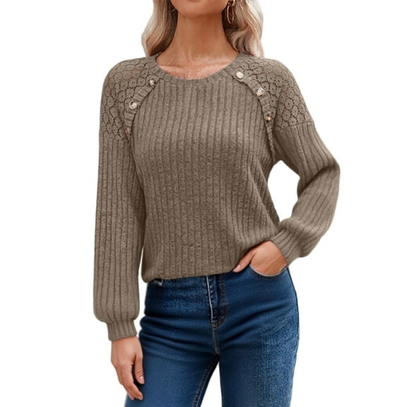 HNMKIU Elegant Off The Shoulder Sweater Pullover Crochet Knit Long Sleeve Soft Yarn Loose Fit Casual Feminine Blouse for Women Brown,S