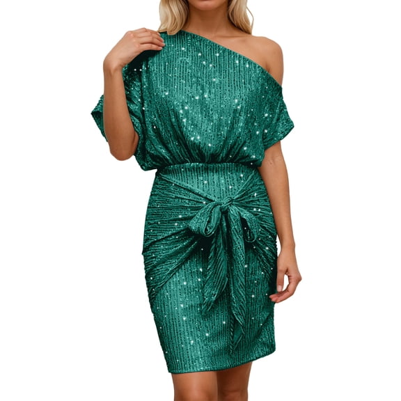 HNMKIU Elegant One Shoulder Sequin Party Dresses for Women with Ruffle Detail Formal Evening Gown Green，XXL