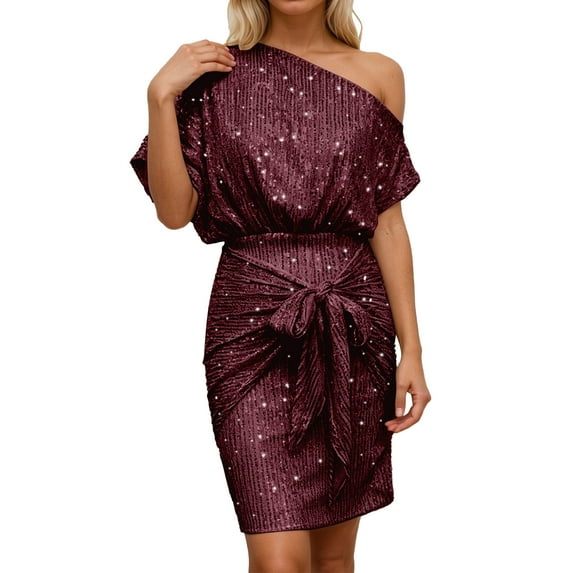 HNMKIU Elegant One Shoulder Sequin Party Dresses for Women with Ruffle Detail Formal Evening Gown RD3,XL