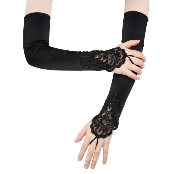 HNMKIU Elegant Opera Length Fingerless Gloves for Bridal Wedding Party Stretch Mesh and Rhinestone Evening Wear Black,One Size