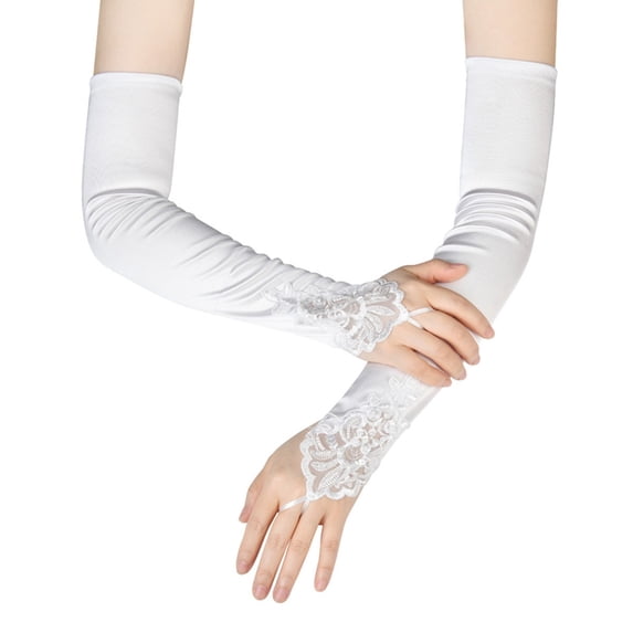 HNMKIU Elegant Opera Length Fingerless Gloves for Bridal Wedding Party Stretch Mesh and Rhinestone Evening Wear White,One Size