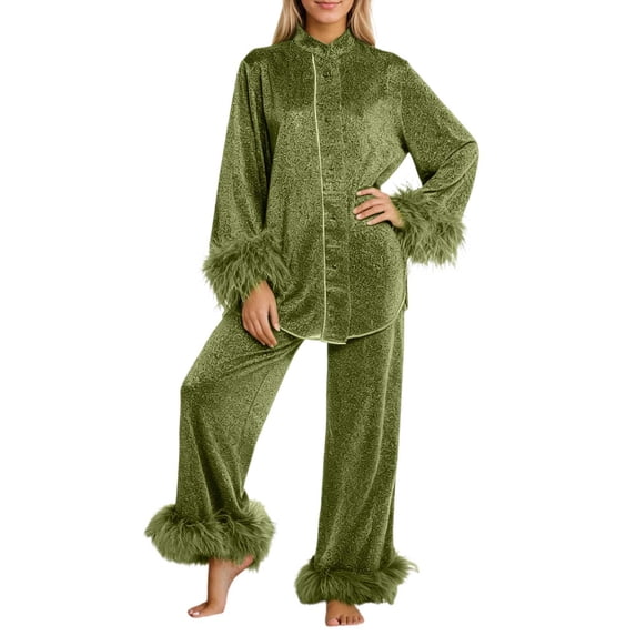 HNMKIU Elegant Pajamas for Women with Feather Trim Stand Collar Top and Comfortable Pants for Sophisticated Sleepwear and Relaxation Army Green,XXL