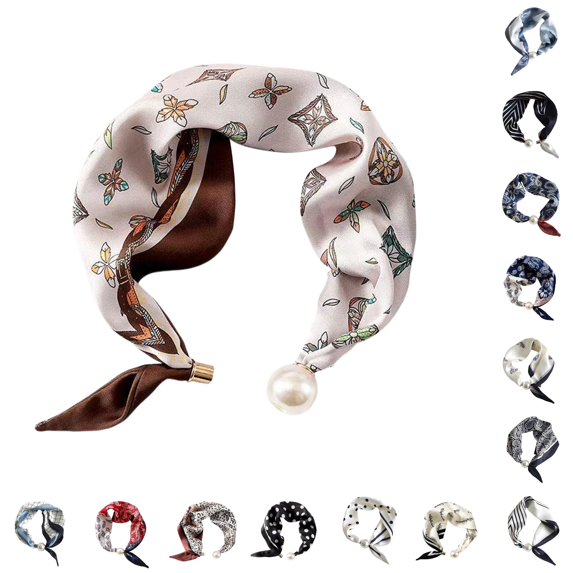 HNMKIU Elegant Pearl Necklace Closure Scarf Fashion Pendant Choker Neckwear Versatile Silk Scarves ,Khaki