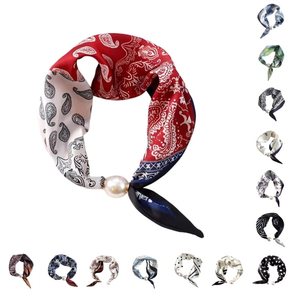 HNMKIU Elegant Pearl Necklace Closure Scarf Fashion Pendant Choker Neckwear Versatile Silk Scarves ,Red