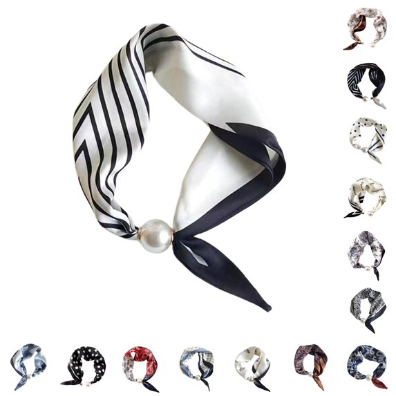 HNMKIU Elegant Pearl Necklace Closure Scarf Fashion Pendant Choker Neckwear Versatile Silk Scarves ,White2