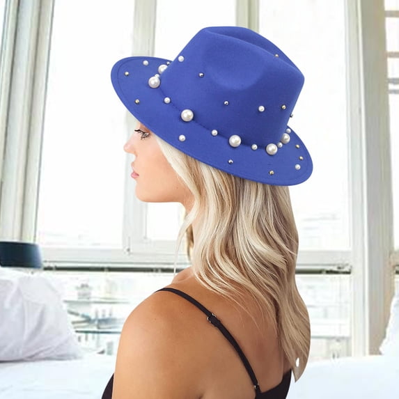 HNMKIU Elegant Pearl Panama Fedora Hat for Women Summer Fashion Accessory Blue,One Size