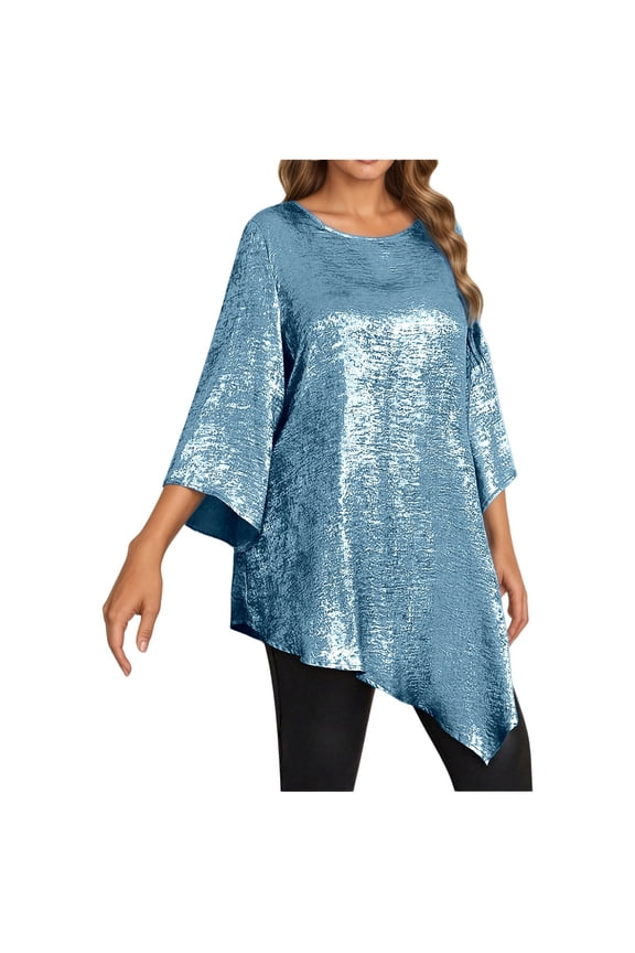 Elegant Plus Size Tops Loose Fit Round Neck Blouse with Long Sleeves and Asymmetrical Hem for Casual Wear 03_Light Blue，XXXXL