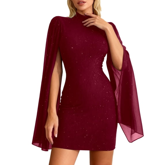 HNMKIU Elegant Sequin Tight High Neck Short Evening Mini Dress for Party 02_Red,M
