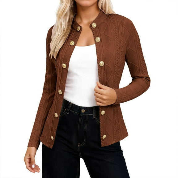 HNMKIU Elegant Stand Collar Long Sleeve Sweater Coat with Decorative Metal Buttons Slim Fit Outwear Fall Sweaters for Women Khaki,XXL