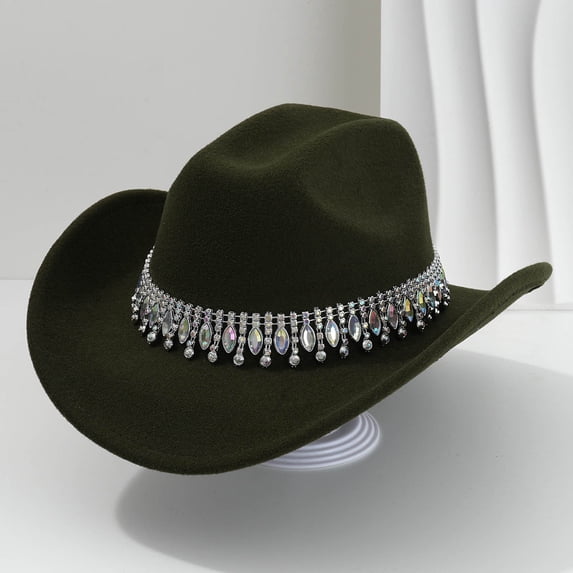 HNMKIU Elegant Western Cowboy Hat With Sparkling Rhinestone Fringe For Stylish Men And Women Casual Party Jazz Wear Black,One Size