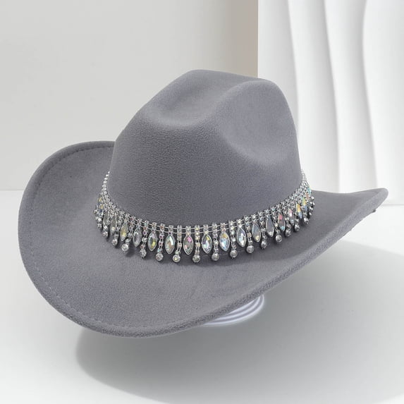 HNMKIU Elegant Western Cowboy Hat With Sparkling Rhinestone Fringe For Stylish Men And Women Casual Party Jazz Wear Grey,One Size