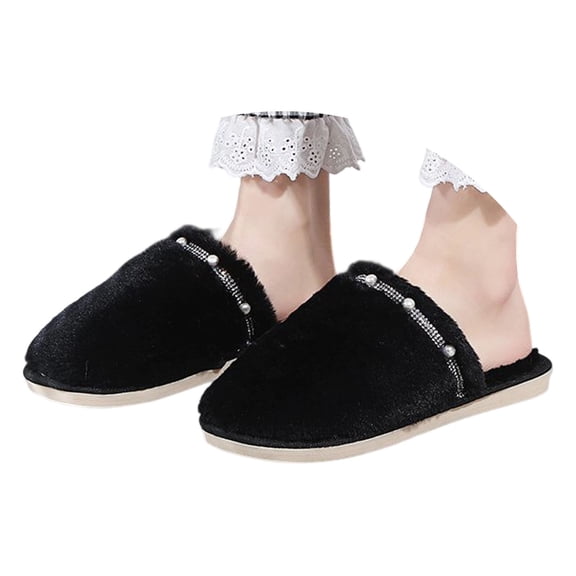 HNMKIU Elegant Women's Cozy Home Slippers Warm Flat Scuff with Rhinestone Detail for Autumn Winter Relaxation Z01_Black,6.5