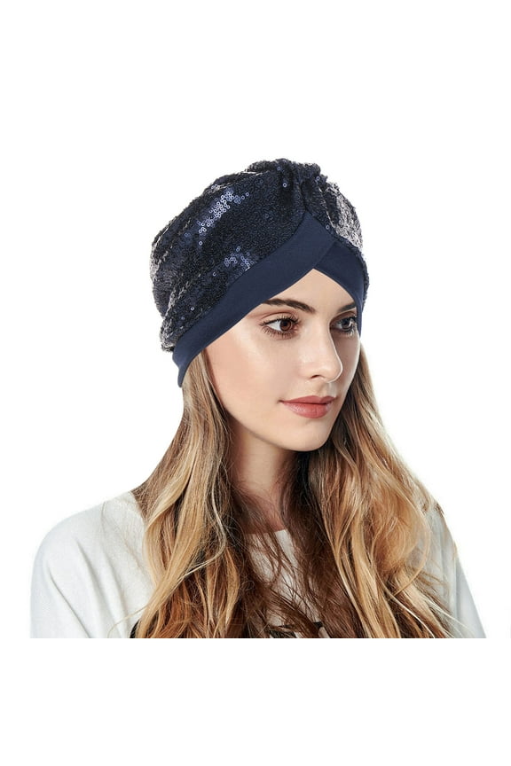 Elegant Women's Turban Hat with Sequined Hair Bonnet Head Scarf Wrap Cover for Ladies Navy,One Size