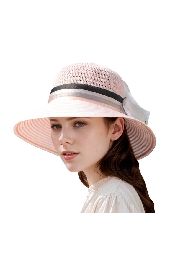 Elegant Women's Wide Brim Sun Hat for Summer Outdoor Wedding Tea Party and Events Pink,M