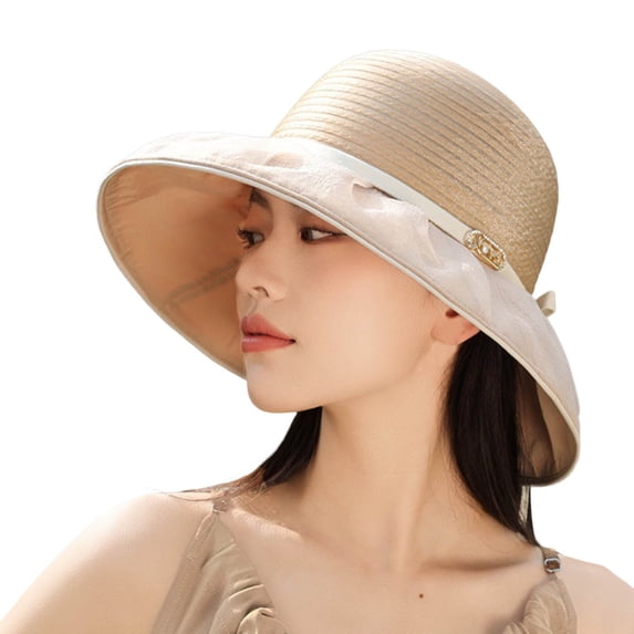HNMKIU Elegant Women's Wide Brim Sun Hat for Summer Wedding Tea Party and Outdoor Travel Khaki,M