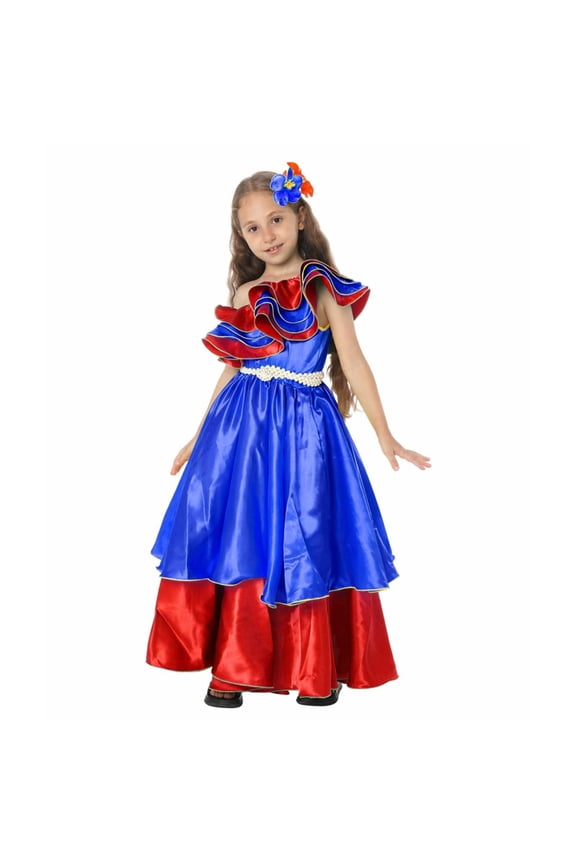 Ethnic Brazilian Style Girls Dress for Carnival and Stage Performance Blue,7-8 Years