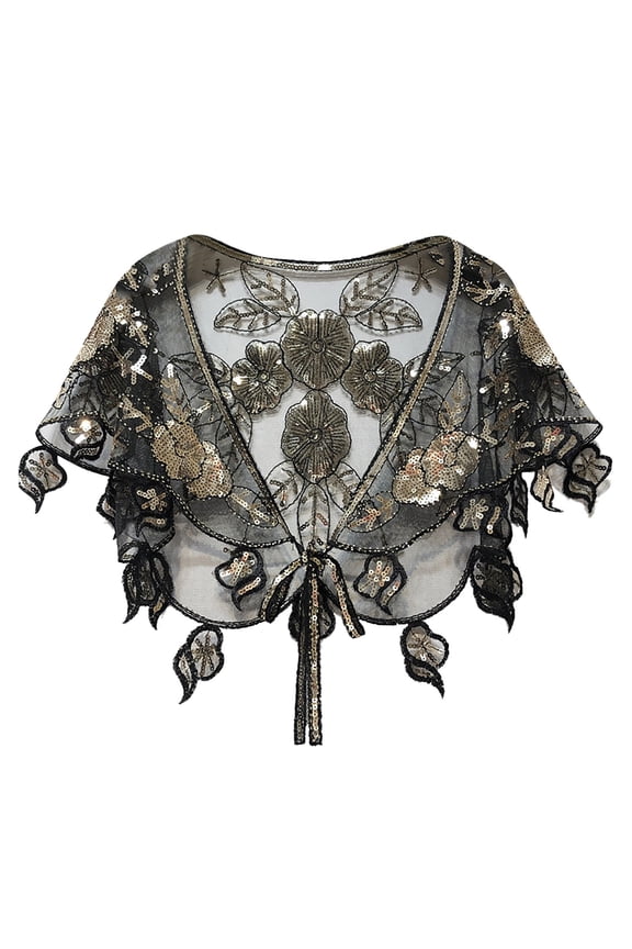 Evening Sequin Cloak Shawl for Women - Mesh Loose Drape Stole Party Wrap with Sweetheart and Retro Vibe Gold,One Size