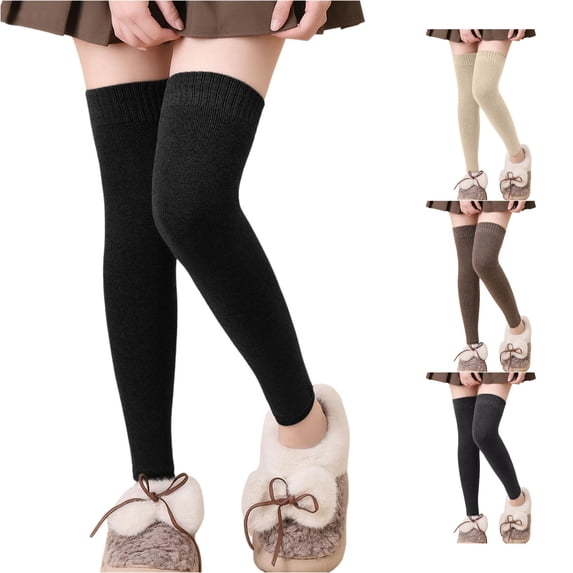 HNMKIU Extra Long Thermal Leg Warmers Lined Thigh High Socks Winter Warm Knee Covers Black - One Size