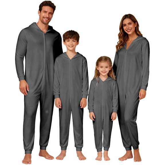 HNMKIU Matching Family Pajamas Hooded Zip Up Sleepwear Festive Holiday Outfits Cozy for Kid Dark Gray,Kid_4-5 Years