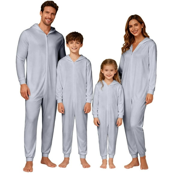 HNMKIU Christmas Pajamas Family Hooded Zip Up Pajamas Cozy Loungewear Holiday Outfit for Mom Grey，Mom_XL