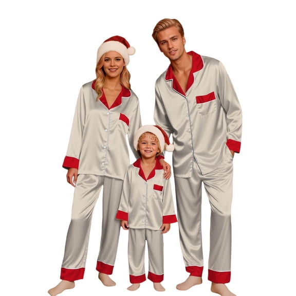 HNMKIU Holiday Family Sleepwear Set Long Sleeve Silk Like Sleepwear Holiday Festive Loungewear for Mom Beige，Mom_S