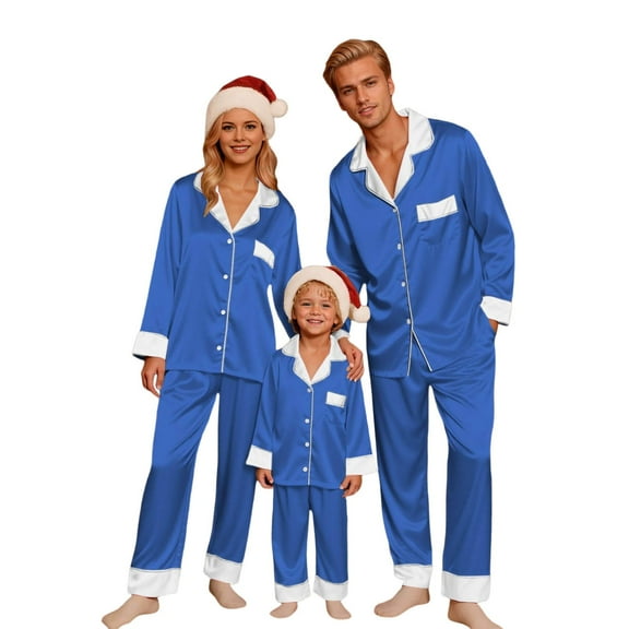 HNMKIU Matching Christmas Pajamas for Family Long Sleeve Silk Like Sleepwear Holiday Festive Outfits for Kid Blue,Kid_7-8 Years