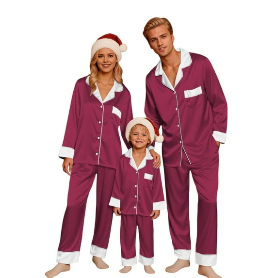 HNMKIU Matching Christmas Pajamas for Family Long Sleeve Silk Like Sleepwear Holiday Festive Outfits for Kid Brick Red,Kid_13-14 Years