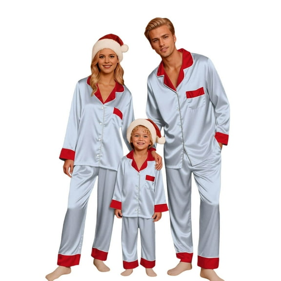 HNMKIU Family Matching Pajamas Set Long Sleeve Silk Like Sleepwear Holiday Pajama Outfit for Dad Light Blue，Dad_M
