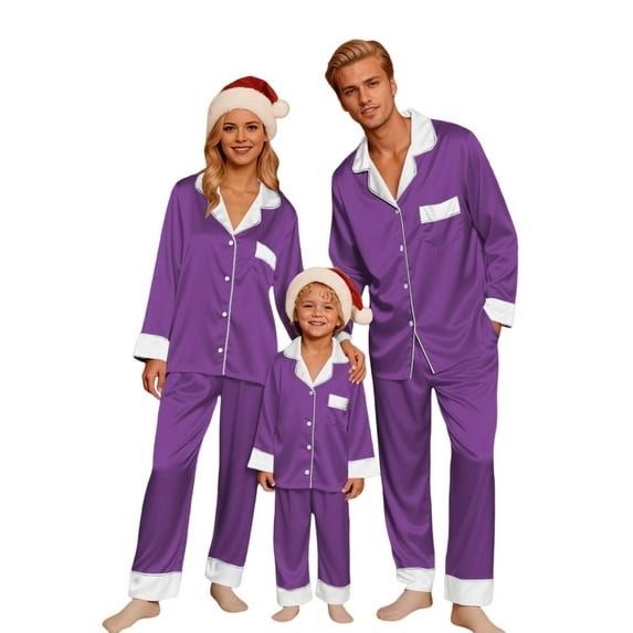 HNMKIU Holiday Family Sleepwear Set Long Sleeve Silk Like Sleepwear Holiday Festive Loungewear for Mom Purple,Mom_L