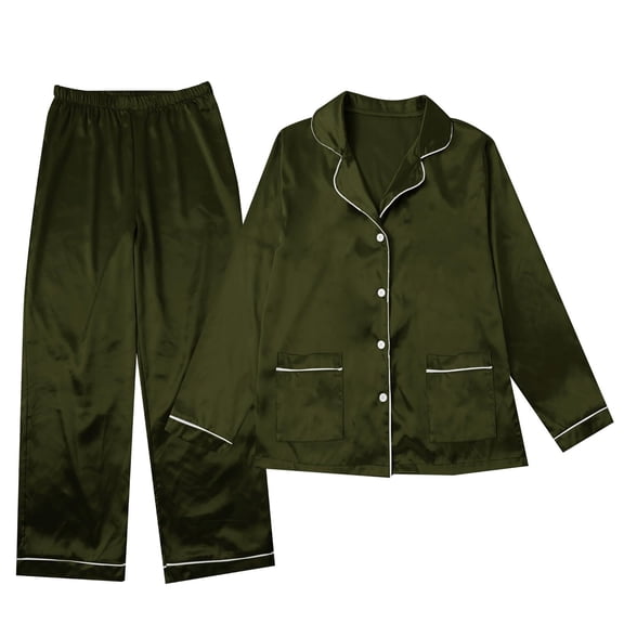 HNMKIU Family Matching Pajamas Long Sleeve Satin Silk Like Sleepwear Holiday Party Pajama Set for Kid Army Green,Kid_5-6 Years