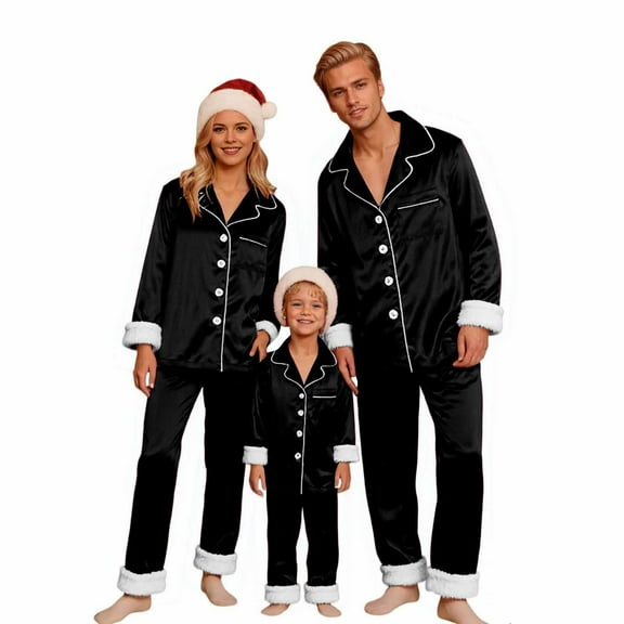 HNMKIU Matching Family Pajamas Two Piece Long Sleeve Lapel Top and High Waist Pants for Kid Black,Kid_13-14 Years