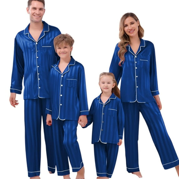 HNMKIU Family Christmas Pajamas Long Sleeve Silk Like Satin Sleepwear Pure Color Two Piece Pajama Set for Dad Blue,Dad_XXL