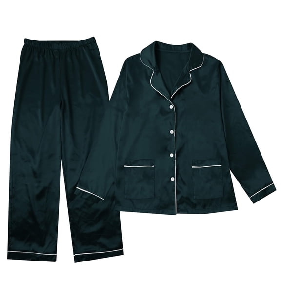 HNMKIU Family Matching Pajamas Long Sleeve Satin Silk Like Sleepwear Holiday Party Pajama Set for Kid Dark Green,Kid_13-14 Years