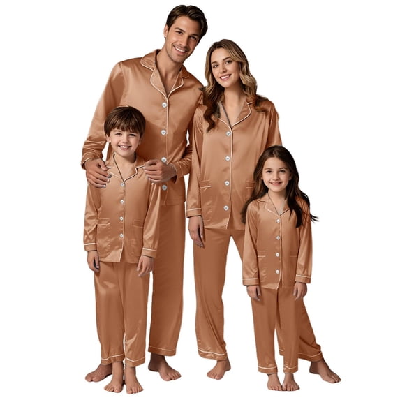 HNMKIU Christmas Family Pajamas Matching Sets Long Sleeve Silk Like Satin Sleepwear Pure Color Two Piece Set for Mom Khaki,Mom_M