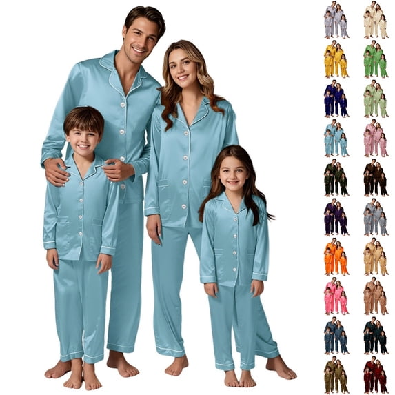 HNMKIU Christmas Family Pajamas Matching Sets Long Sleeve Silk Like Satin Sleepwear Pure Color Two Piece Set for Kids,Light Blue,13-14 Years