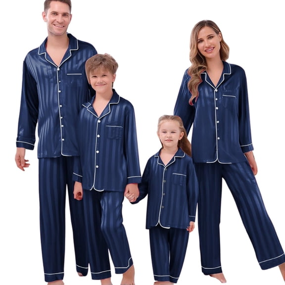 HNMKIU Christmas Pajamas for Family Long Sleeve Silk Satin Sleepwear Pure Color Two Piece Holiday Outfit for Mom Navy，Mom_S
