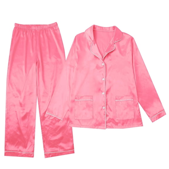 HNMKIU Family Matching Pajamas Long Sleeve Satin Silk Like Sleepwear Holiday Party Pajama Set for Kid Pink，Kid_7-8 Years